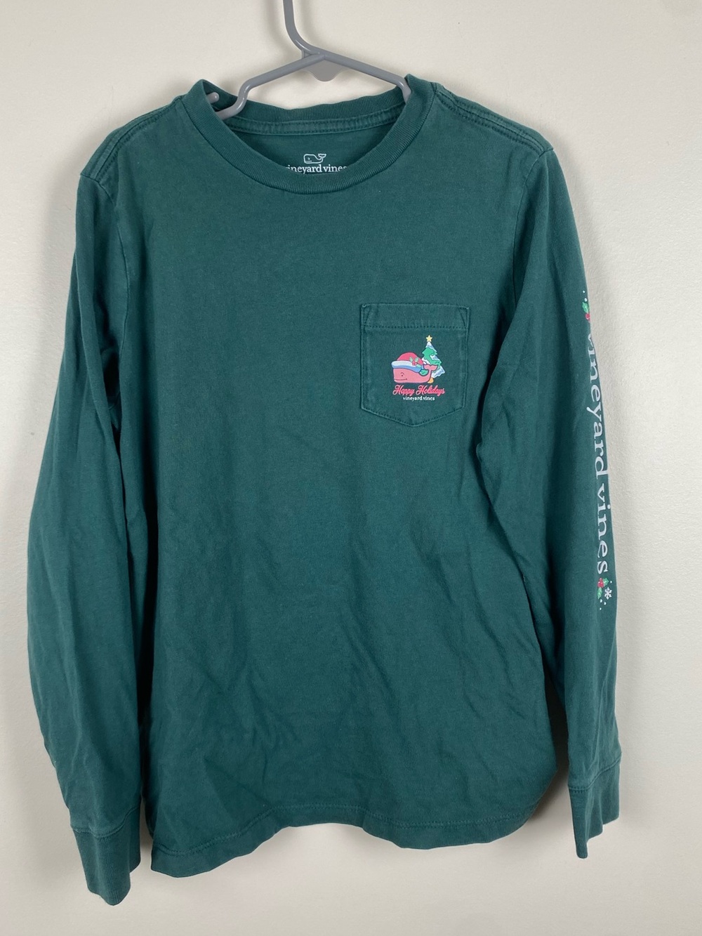 Vineyard Vines Happy Holidays Teal Green Long-Sleeve Pocket Tee Girls size 7‎